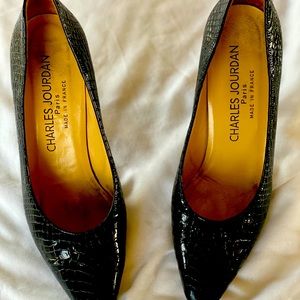 Charles Jourdan black patent leather croc print
